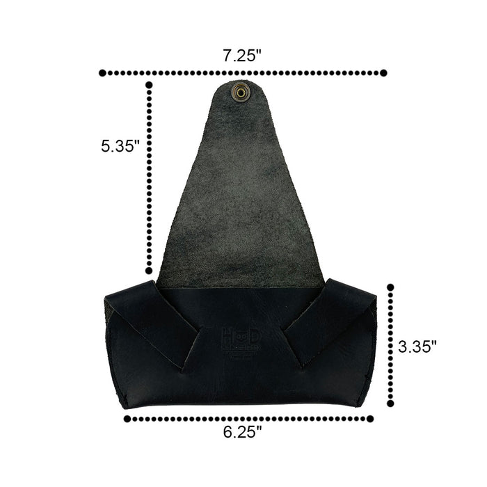 Dimensions overview of the black Foldable Sunglass Case by Hide & Drink, showcasing its size specifications. This Full Grain Leather case emphasizes the artisan quality and meticulous craftsmanship found in small batch production.