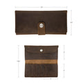 Detailed image of the Hide & Drink Folio Wallet With Pouch, emphasizing its dimensions and handmade quality. This wallet showcases pockets for 4 cards, plus flat bills and coins, all crafted from premium full grain leather to ensure durability and style.