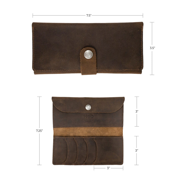 Detailed image of the Hide & Drink Folio Wallet With Pouch, emphasizing its dimensions and handmade quality. This wallet showcases pockets for 4 cards, plus flat bills and coins, all crafted from premium full grain leather to ensure durability and style.