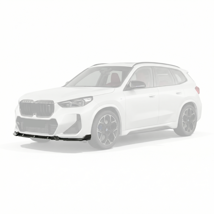 SuperAutoUSA carbon fiber print front bumper lip installed on a 2023 BMW X1 U11