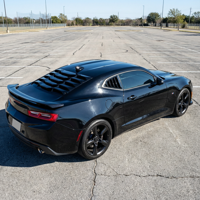 Direct rear view of the gloss black sunshade window louver for 2016-2024 Camaro