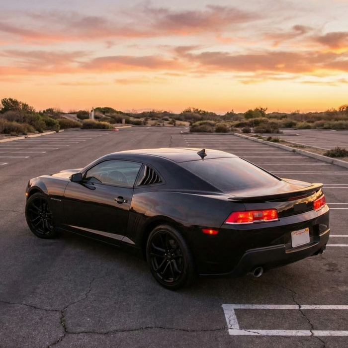 Direct rear view of the gloss black sunshade window louver for 2010-2015 Camaro