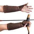 A hand wearing a Forearm Guard for Archers from Valhalla Gear, showcasing its full grain leather material and protective design. Ideal for men, women, and youth, this archery arm guard ensures durable forearm protection during use. Features include a wrist arm bracer for archers, durable bow archery sleeve arm guards, handcrafted with care in La Antigua Guatemala & Oaxaca Mexico.