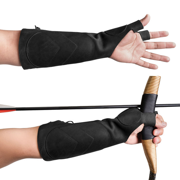 A hand wearing the black version of the Forearm Guard for Archers from Valhalla Gear, demonstrating how it fits while holding a bow. This protective bracer is designed for all archers seeking durable and stylish full grain leather protection.