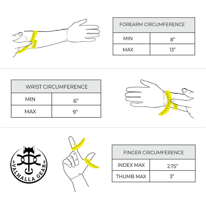 Measurement guide for the Forearm Guard for Archers by Valhalla Gear, detailing forearm, wrist, and finger circumference. This visual is helpful for selecting the right fit for this protective bracer, ensuring comfort and efficiency in archery. Crafted from full grain leather, it's perfect for all archers.