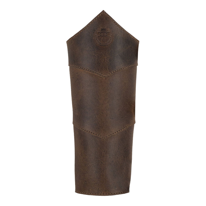 An elegant view of the Valhalla Gear Forearm Protector for Bow Shooting Practice in brown leather, featuring a pointed design suitable for archery activities. This Female Archery Bracer serves as both an armband and wrist guard, adorned with adjustable buckle straps, illustrating the artisan craftsmanship and handmade production done in La Antigua Guatemala.