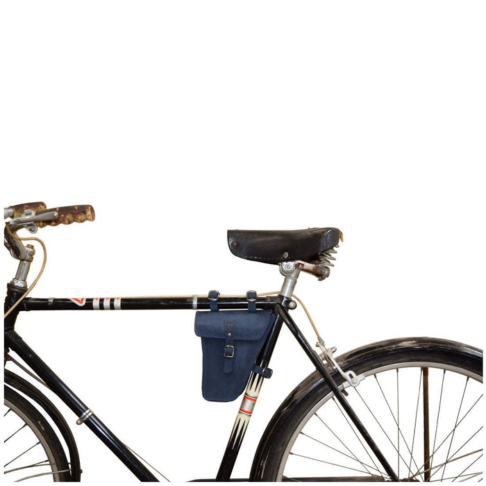 A bicycle featuring Hide & Drink‚Äôs Triangular Frame Bag, styled in blue. This Full Grain Leather bag serves as a convenient bike tool pouch for essential repair tools, reflecting artisan standards of handmade production from La Antigua Guatemala & Oaxaca Mexico.