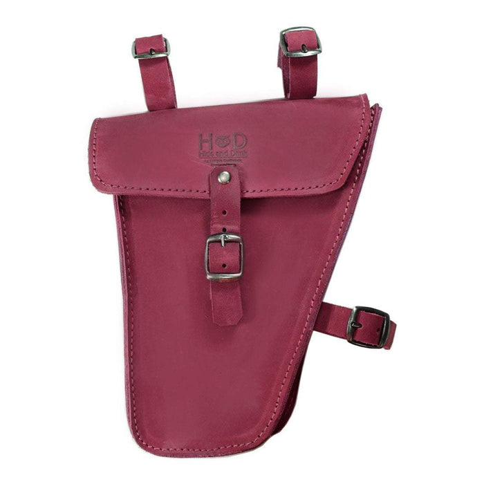 Close-up of Hide & Drink's red Frame Bag For Bicycle, highlighting its vibrant leather design and quality construction. This Triangular Frame Bag serves as an essential bike tool pouch for all bikers, artisan-made in La Antigua Guatemala & Oaxaca Mexico.