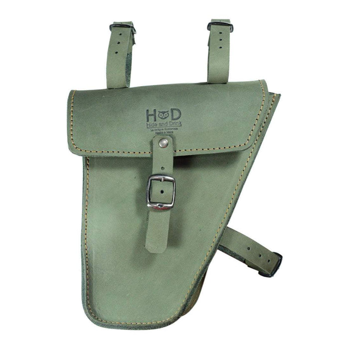 Close-up of Hide & Drink's Frame Bag For Bicycle in olive green leather, showcasing its high quality materials. Ideal as a bike tool pouch, it combines functionality and style, handmade in La Antigua Guatemala & Oaxaca Mexico.