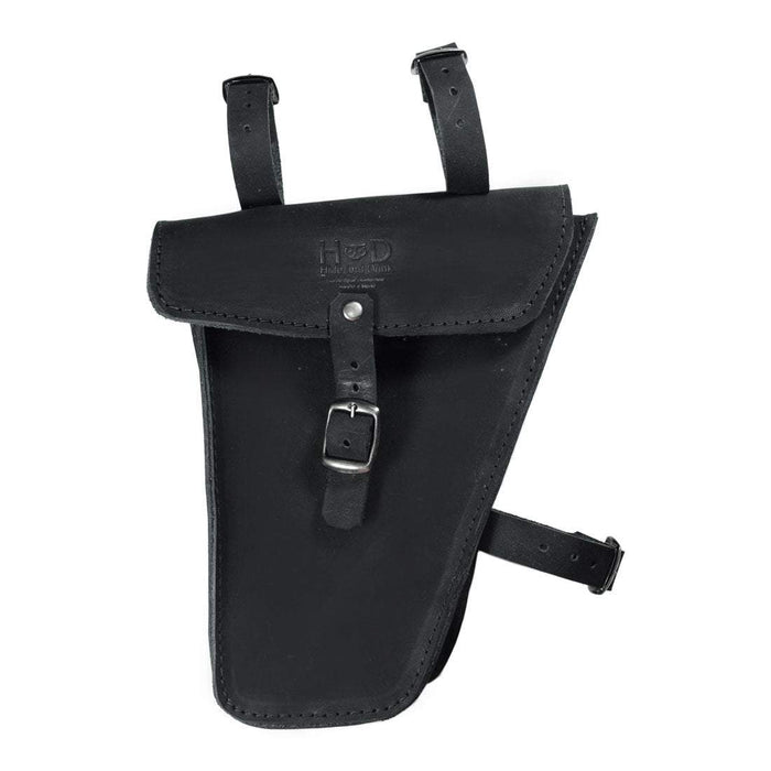 Close-up of Hide & Drink's Frame Bag For Bicycle in black leather, highlighting its durable design. This Triangular Frame Bag is a must-have bike tool pouch for storing repair essentials, created through artisan craftsmanship in La Antigua Guatemala & Oaxaca Mexico.