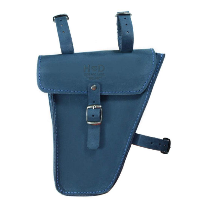 Close-up of Hide & Drink's Frame Bag For Bicycle, showcasing its vibrant blue leather. This handmade accessory is perfect for storing bike tools, representing small batch production and artisan craftsmanship from La Antigua Guatemala & Oaxaca Mexico.