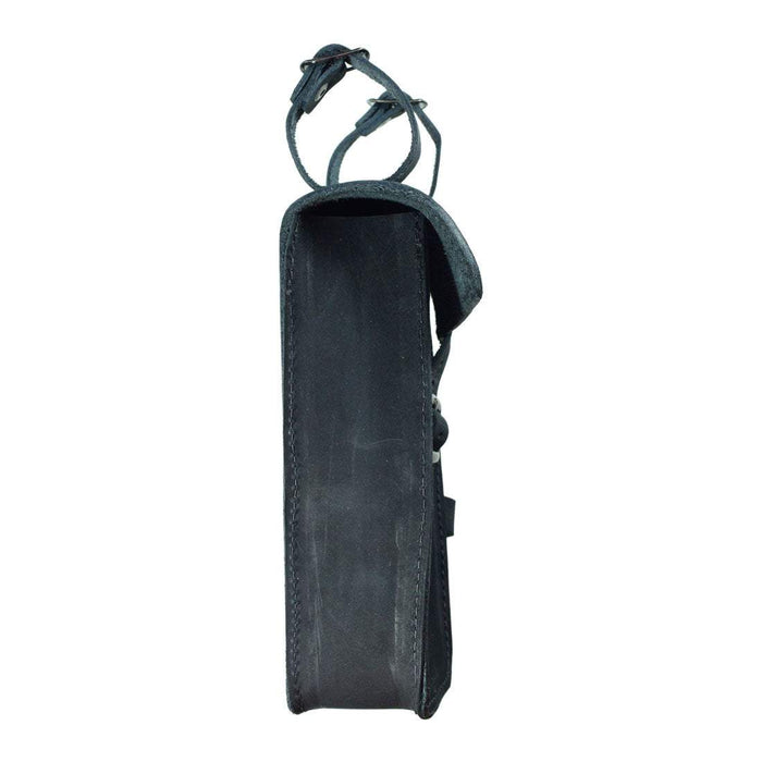 Side view of Hide & Drink's black Frame Bag For Bicycle that showcases its sleek design and robust full grain leather. This bike tool pouch is perfect for biker essentials, carefully handmade in La Antigua Guatemala & Oaxaca Mexico.
