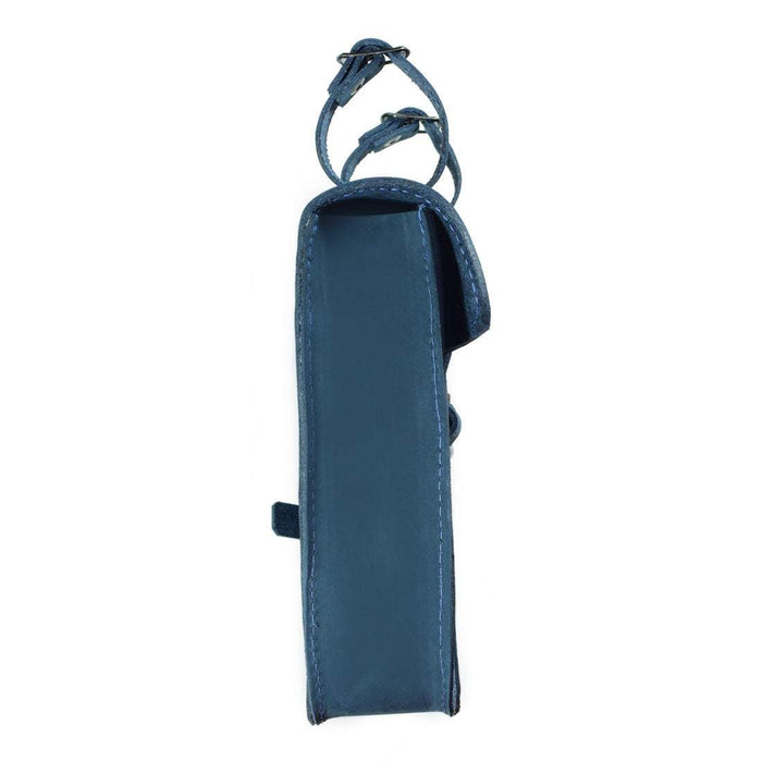 Side view of Hide & Drink's Frame Bag For Bicycle in blue, exemplifying its practical design crafted from Full Grain Leather. An essential repair tool storage pouch, it‚Äôs handmade in La Antigua Guatemala & Oaxaca Mexico, reflecting artisan skill and small batch production.