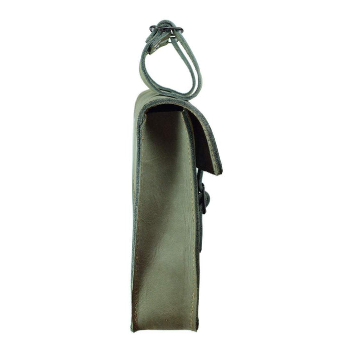 Side view of Hide & Drink's olive green Frame Bag For Bicycle, depicting its functional design and sturdy construction from Full Grain Leather. An essential repair tools storage pouch for bikers, artisan-crafted in La Antigua Guatemala & Oaxaca Mexico.