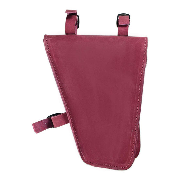 Back view of Hide & Drink's red Frame Bag For Bicycle, demonstrating its functional yet elegant design. A perfect storage pouch for bike repair tools, this artisan-crafted piece comes from La Antigua Guatemala & Oaxaca Mexico.