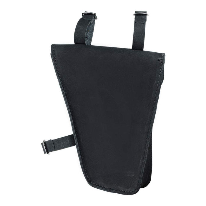 Back view of Hide & Drink's black Frame Bag For Bicycle, featuring its professional craftsmanship. This essential repair tool storage pouch blends functionality with style, and is artisan-made in La Antigua Guatemala & Oaxaca Mexico.