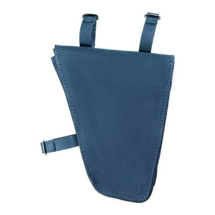 Back view of Hide & Drink's blue Frame Bag For Bicycle, displaying its stylish and functional design. Perfect for storing repair tools, this Triangular Frame Bag is an artisan-crafted piece made in La Antigua Guatemala & Oaxaca Mexico.