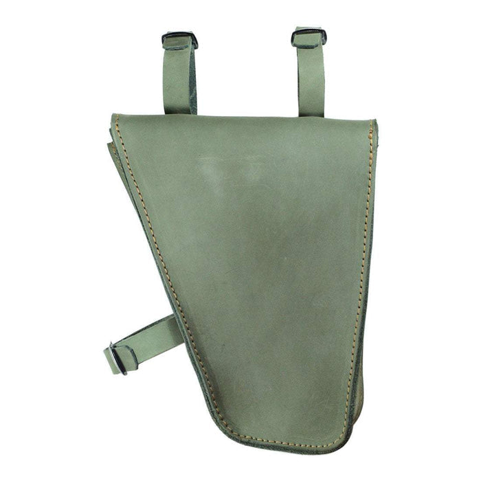 Back view of Hide & Drink's olive green Frame Bag For Bicycle, highlighting its practical yet stylish design. This handmade bike tool pouch is a great way to keep repair essentials organized, produced in La Antigua Guatemala & Oaxaca Mexico.