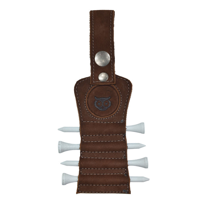 Hide & Drink Golf Tee Holder in bourbon brown leather, featuring slots for golf tees. This accessory combines style with function, designed for easy attachment to golf bags or belts. A perfect artisan gift for golfers, handcrafted in La Antigua Guatemala.