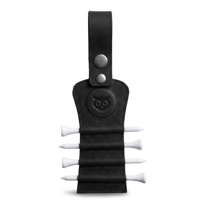 Hide & Drink Golf Tee Holder in sleek black leather, featuring slots for golf tees. This accessory combines functionality and style, perfect for storage and accessibility while golfing. Handmade with care in La Antigua Guatemala, it's a great gift for golf enthusiasts.