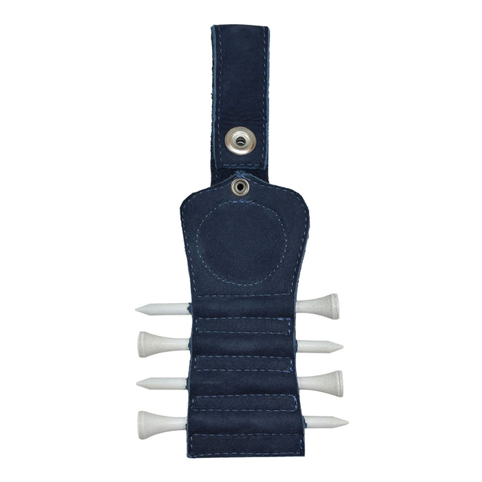 Interior view of the blue leather Hide & Drink Golf Tee Holder, showing the slots for tees. Perfect for quick access while playing golf, this accessory is handcrafted in La Antigua Guatemala for golfers who value craftsmanship.