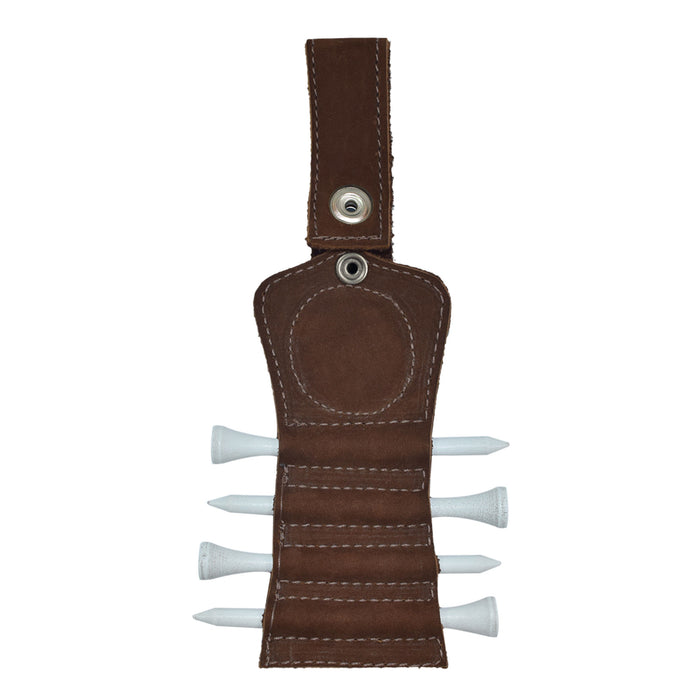 Interior view of the bourbon brown Hide & Drink Golf Tee Holder, showing the slots for tees. This practical accessory is ideal for quick access during a round of golf, crafted from full grain leather and handmade in La Antigua Guatemala.