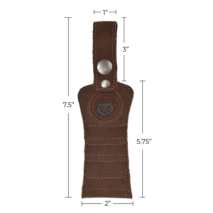 Dimensions of the bourbon brown Hide & Drink Golf Tee Holder illustrating its compact size and design. This accessory is perfect for golfers who appreciate quality, featuring artisan craftsmanship from La Antigua Guatemala.