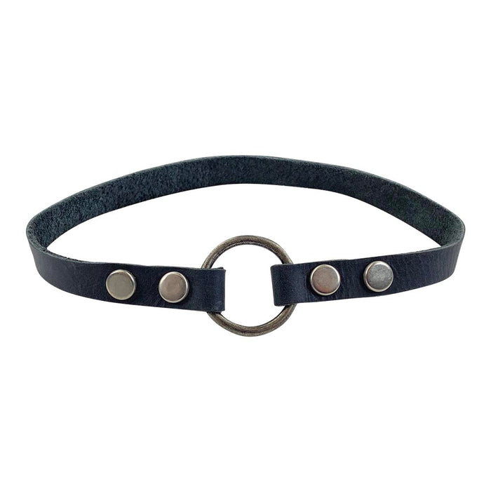 Goth Choker by Hide & Drink, showcasing a handcrafted full grain leather design with a large metal ring and accent studs, perfect as a trendy accessory and stylish necklace. Goth Choker - Stylish Necklace, Trendy Accessory, Soft, Durable Collar - Punk Style with Metal Ring and Hardware, Adjustable, Full Grain Leather, StockyardX, Small Batch Production, Hand Cut, Hand Sewn, Fire Branded, Artisan, Handmade in La Antigua Guatemala & Oaxaca Mexico.
