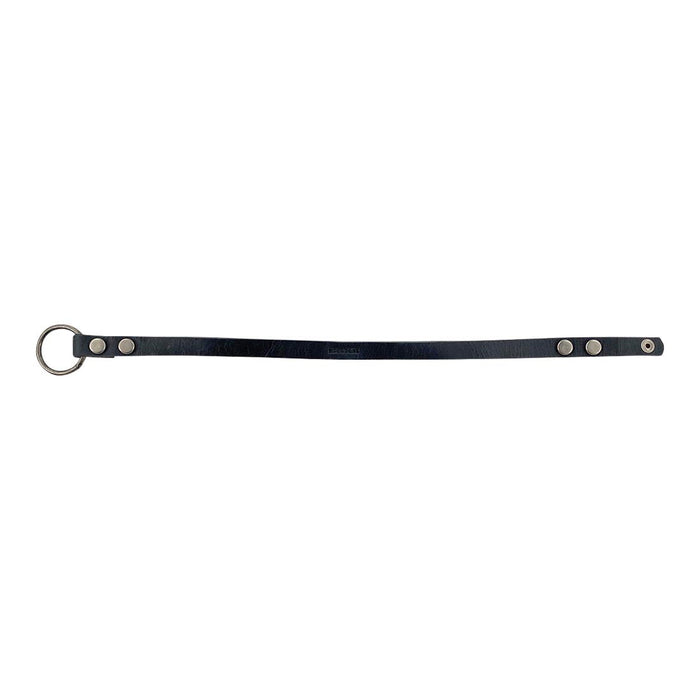 Goth Choker by Hide & Drink displayed in a flat layout, showcasing its elegant black leather and sturdy metal ring, ideal for those who appreciate distinctive, handmade accessories. Goth Choker - Stylish Necklace, Trendy Accessory, Soft, Durable Collar - Punk Style with Metal Ring and Hardware, Adjustable, Full Grain Leather, StockyardX, Small Batch Production, Hand Cut, Hand Sewn, Fire Branded, Artisan, Handmade in La Antigua Guatemala & Oaxaca Mexico.