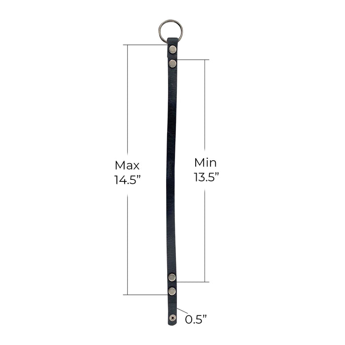 Measurement details of the Goth Choker by Hide & Drink, including adjustable lengths and the elegant design of the full grain leather, creating a personalized fit and stylish vibe. Goth Choker - Stylish Necklace, Trendy Accessory, Soft, Durable Collar - Punk Style with Metal Ring and Hardware, Adjustable, Full Grain Leather, StockyardX, Small Batch Production, Hand Cut, Hand Sewn, Fire Branded, Artisan, Handmade in La Antigua Guatemala & Oaxaca Mexico.