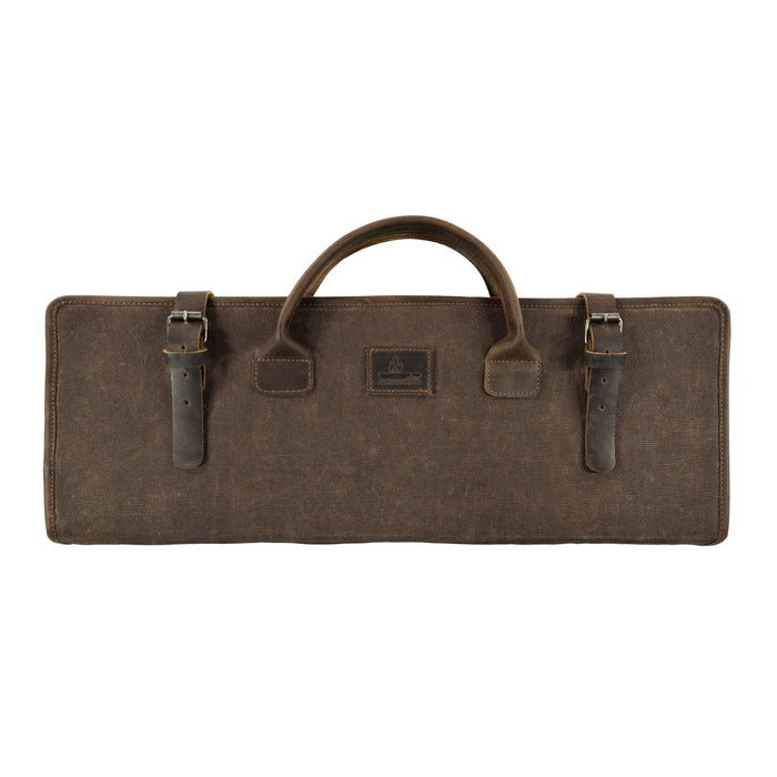 Front view of Cast Leather Co. Grill Tool Holder (Tools NOT included), designed for easy storage of BBQ grilling accessories. This carry bag, made of full grain leather and waxed canvas, is perfect for camping set storage. Each item is fire branded and showcases the quality craftsmanship from artisans in La Antigua Guatemala and Oaxaca Mexico.