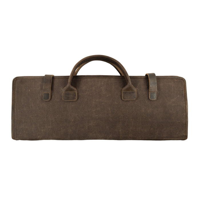 Back view of Cast Leather Co. Grill Tool Holder (Tools NOT included), featuring sturdy handles for easy transport of BBQ grilling accessories. This carry bag, made from full grain leather and waxed canvas, is perfect for camping set storage. Each holder is hand cut, hand sewn, and fire branded by artisans in La Antigua Guatemala and Oaxaca Mexico.
