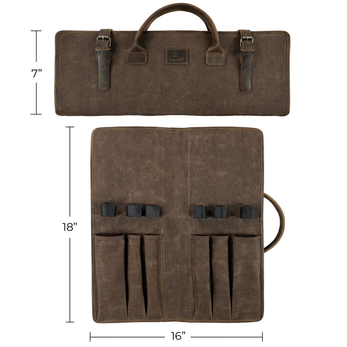 Dimensions of Cast Leather Co. Grill Tool Holder (Tools NOT included) displayed with measurements for optimal sizing. This Grill Tools Set Case is designed to hold BBQ grilling accessories, made from durable full grain leather and waxed canvas, suitable for camping set storage. A handmade artisan product, showcasing quality craftsmanship from La Antigua Guatemala and Oaxaca Mexico.