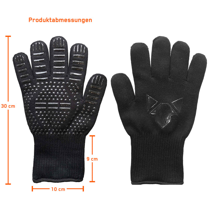 Freisteller der FENNEK Grillhandschuhe mit angegebenen Längenmaßen.
