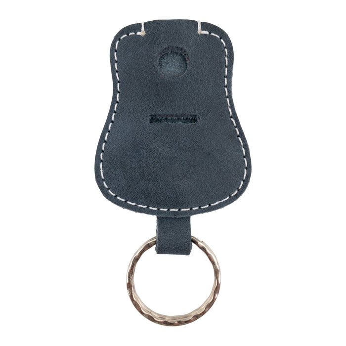 Guitar Keychain by Hide & Drink displayed with branding, showing its artisanal heritage. Handmade from Full Grain Leather, this keyring is designed for function and durability, reflecting artisan craftsmanship from La Antigua Guatemala & Oaxaca Mexico.