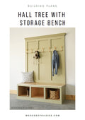 DIY hall tree mudroom storage bench building plans finished sage green hall tree with shaker panel back, coat hooks, and open shoe storage cubbies