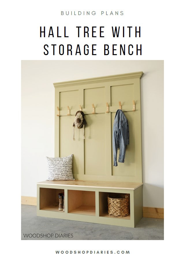 DIY hall tree mudroom storage bench building plans finished sage green hall tree with shaker panel back, coat hooks, and open shoe storage cubbies
