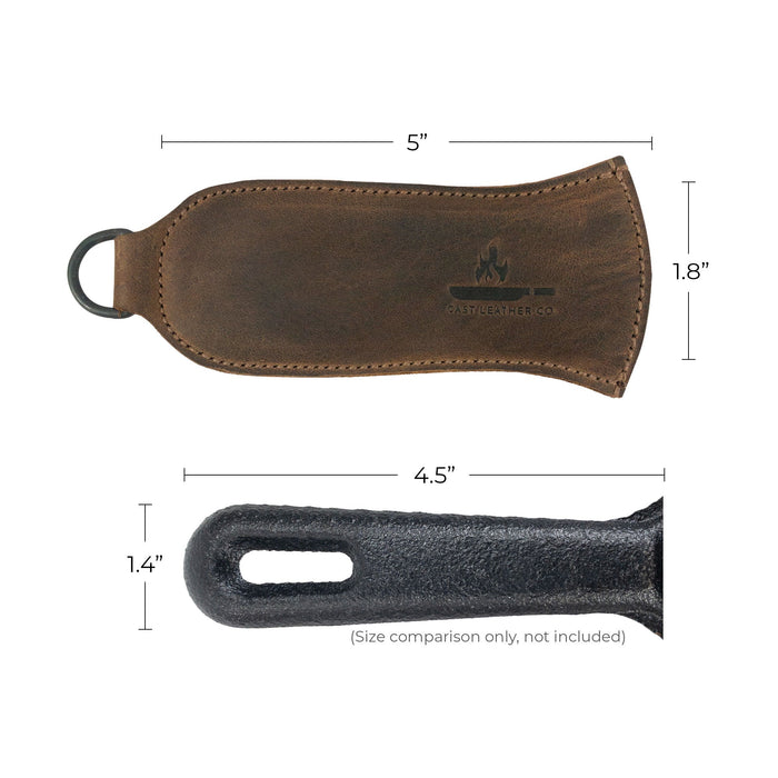 Hanging Pan Handle Cover by Cast Leather Co. displaying a size comparison, illustrating the practicality of this Hot Handle Panhandle with Half Ring. Made of full grain leather, it simplifies sliding cookware on/off metal skillet grips, demonstrating the unique artisan process created in La Antigua Guatemala & Oaxaca Mexico.