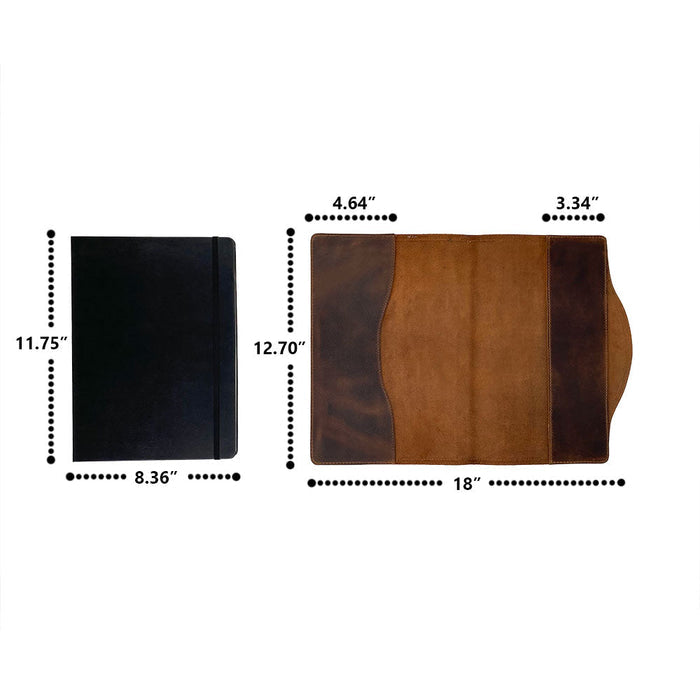 A detailed measurement guide of the Hard Cover Notebook Protector (Notebook NOT Included) by Hide & Drink, highlighting its dimensions. Ideal for Moleskine Hard Cover Sketchbook XXL Size (8.5 x 11 in.), this journal cover made with Full Grain Leather reflects StockyardX’s commitment to small batch production, hand cut, hand sewn, and fire branded craftsmanship by artisans, handmade in La Antigua Guatemala & Oaxaca Mexico.