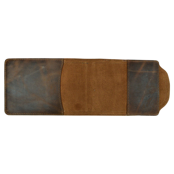 Back view of Hide & Drink Hard Cover Reporter Protector Large (5 x 8.25 in.) Notebook NOT Included, illustrating the durable suede lining. This handmade leather cover offers quality and style, made in La Antigua Guatemala and features for preventing biting and chewing, ideal for dog training.