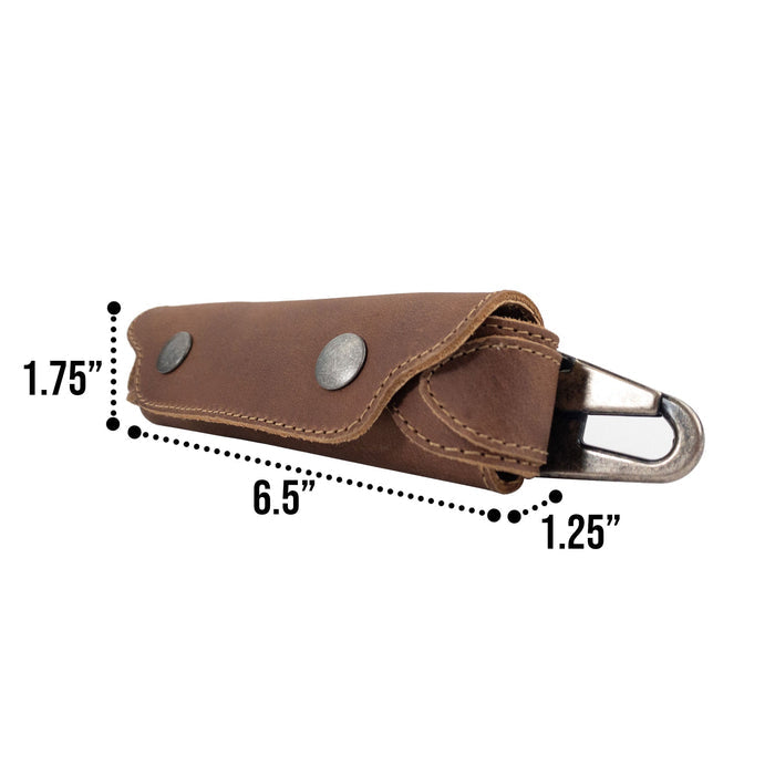 Measuring dimensions of the brown Harmonica Case, displaying its travel-friendly design. This Hide & Drink accessory is made from full grain leather, reflecting the quality of artisan craftsmanship and small batch production.