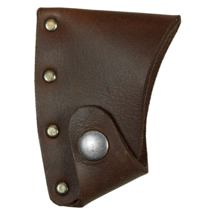 Close-up of Hatchet Blade Cover by Hide & Drink, showcasing a protective axe head sheath crafted from durable full grain leather. A must-have lumberjack accessory for camping and outdoor essentials, this handmade artisan product is expertly made in La Antigua Guatemala & Oaxaca Mexico.