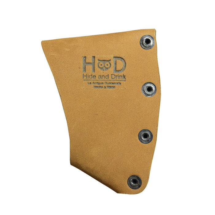 Traditional Hatchet Blade Cover by Hide & Drink, featuring a protective axe head sheath crafted from quality full grain leather. A great lumberjack accessory and camping companion, this handmade product showcases dedication to artisan skills in La Antigua Guatemala & Oaxaca Mexico.