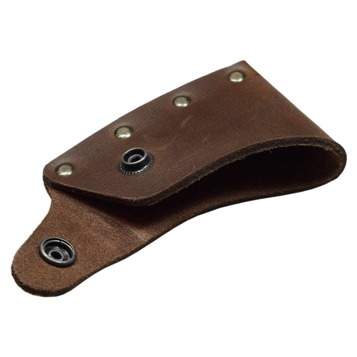 Innovative Hatchet Blade Cover by Hide & Drink, designed as a protective axe head sheath for outdoor aficionados. Emphasizing the use of full grain leather, this artisan-crafted lumberjack accessory is perfect for camping, handmade in La Antigua Guatemala & Oaxaca Mexico.