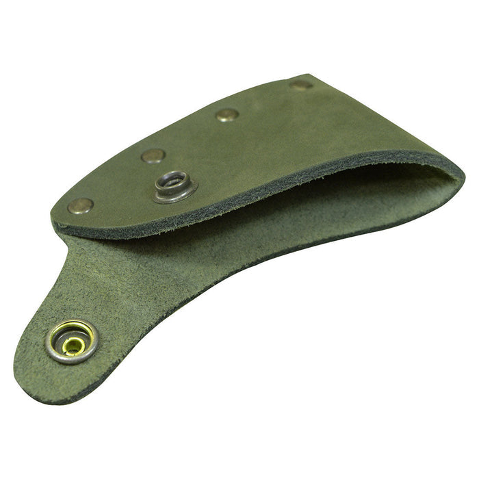 Elegant Hatchet Blade Cover by Hide & Drink, designed as a protective axe head sheath with high-quality full grain leather. This artisan accessory is ideal for outdoor enthusiasts and campers, expertly handmade in La Antigua Guatemala & Oaxaca Mexico.