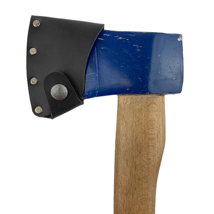 A detailed look at a blue axe displaying the black Hatchet Blade Cover by Valhalla Gear, perfect for ensuring tool safety and longevity - Protector Case Cover, Small Axe Blade Safety Sleeve, Camping Accessory, Lumberjack Outdoor Essentials, StockyardX, Small Batch Production, Hand Cut, Hand Sewn, Fire Branded, Artisan, Handmade in La Antigua Guatemala & Oaxaca Mexico.