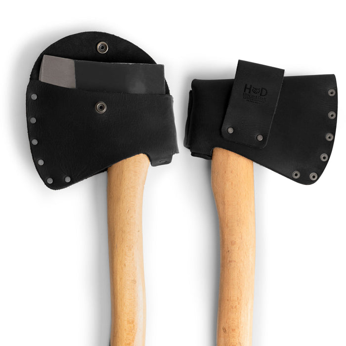 Hide & Drink Hatchet Head Sheath in black leather, designed as a stylish yet functional holster for 1.5 in. belts, perfect for storing axe heads. This unique blade cover is ideal for lumberjack work essentials, crafted with care in La Antigua Guatemala & Oaxaca Mexico.