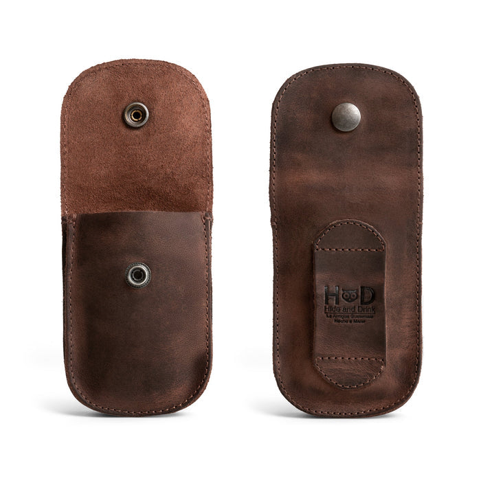 Back view of the Holster Pouch made by Hide & Drink, features durable full grain leather, ideal for organizing coins and headphones. This stylish pouch is hand cut and sewn, showcasing artisan work from small batch production in La Antigua Guatemala.