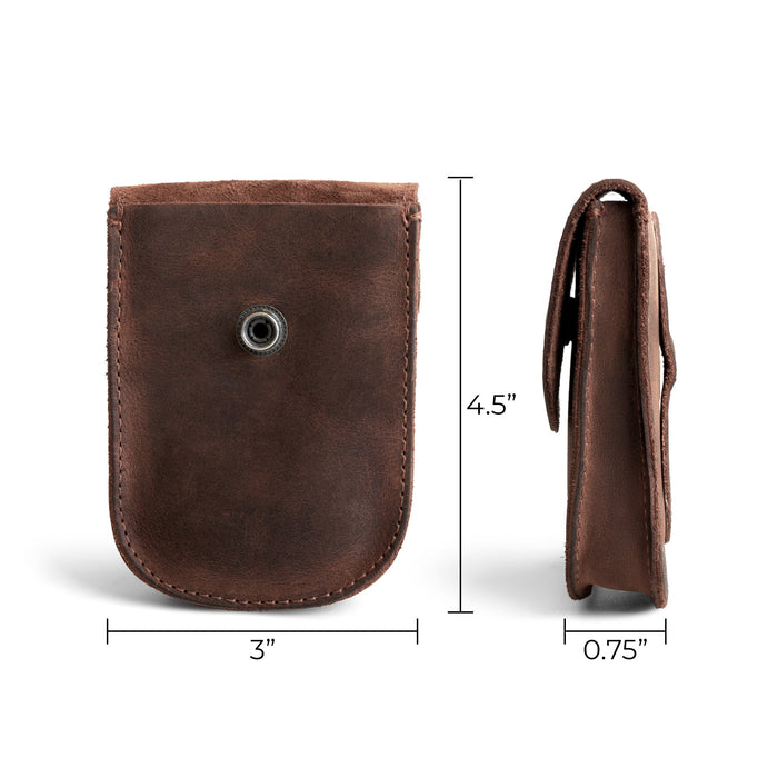 Dimensions of the Holster Pouch from Hide & Drink demonstrated, showcasing its compact size. This full grain leather pouch is handmade and perfect for everyday carry of small items. Artisan crafted in La Antigua Guatemala.