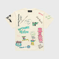 Hand-drawn graffiti and tag illustrations on off-white men's and women's tee